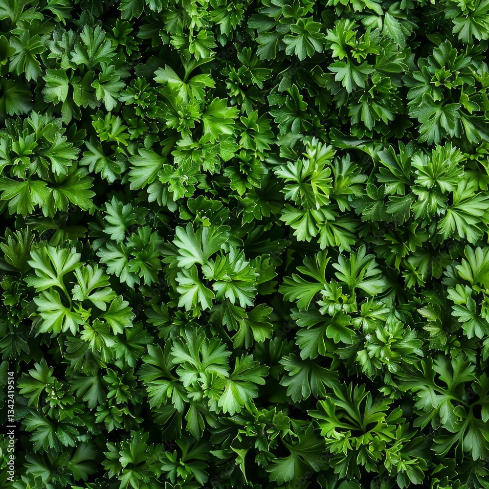 Green parsley texture background, petroselinum crispum leaves pattern, fresh herbal leaves banner