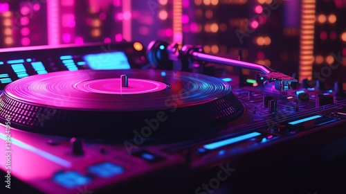 Cyberpunk DJ turntable with luminescent vinyl record spinning, holographic equalizers pulsing in sync with the beats, vibrant neon atmosphere photo