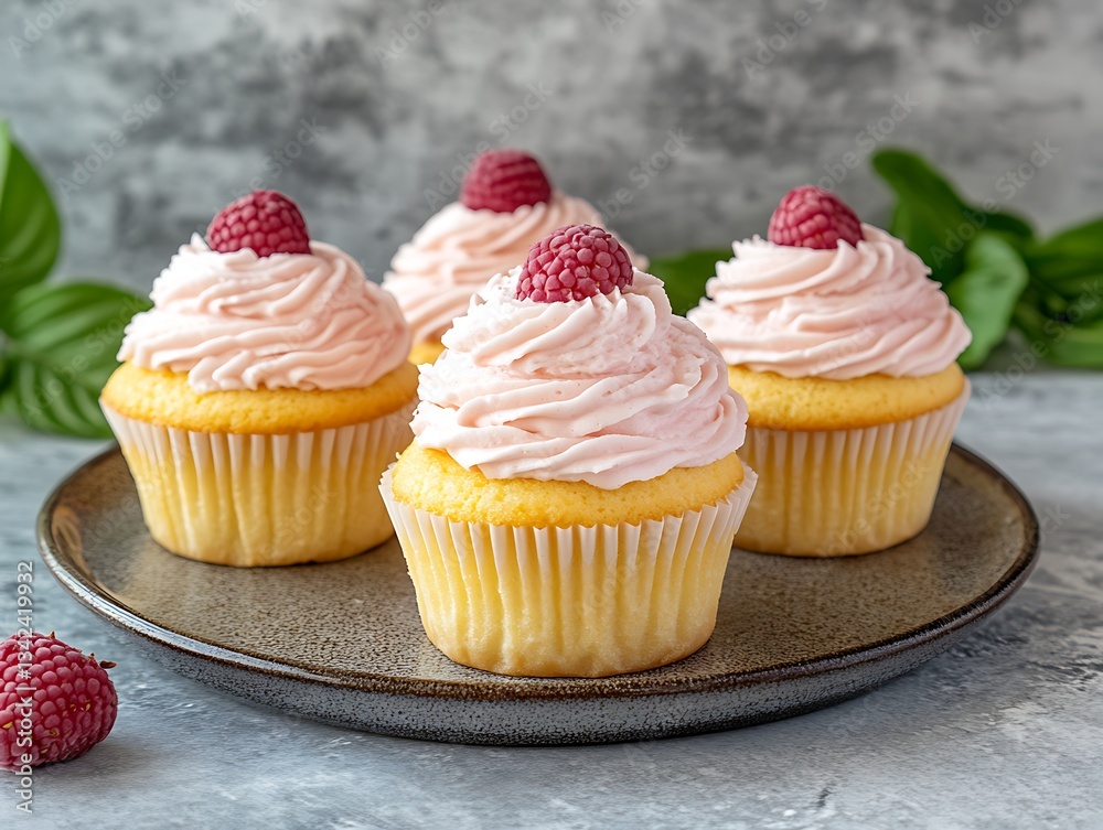 Cupcakes on a plate, raspberry frosting, baking dessert Cupcakes on a plate, raspberry frosting, baking dessert