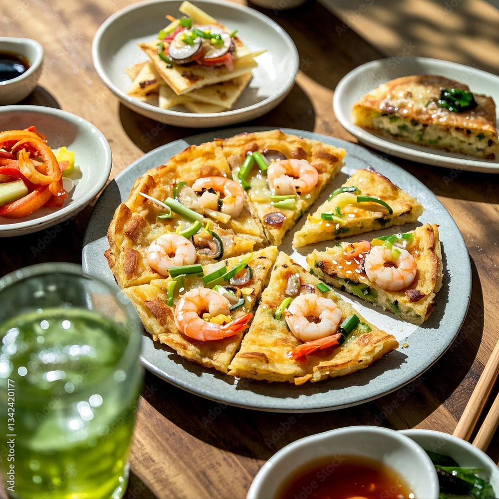 Authentic Korean Seafood Pancake (Haemul Pajeon) with Dipping Sauce Authentic Korean Seafood Pancake (Haemul Pajeon) with Dipping Sauce