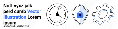 Clock, shield with lock, and gear icons focus on efficiency, protection, and workflows. Ideal for security, process automation, productivity, data protection time tracking and workflow management