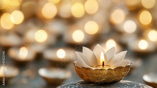 Serene candlelit lotus flower with golden light reflection