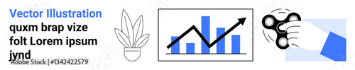 Hand holding fidget spinner, potted plant, and upward-trending growth chart. Ideal for business growth, workplace productivity, stress relief, focus, innovation, self-care flat landing page banner