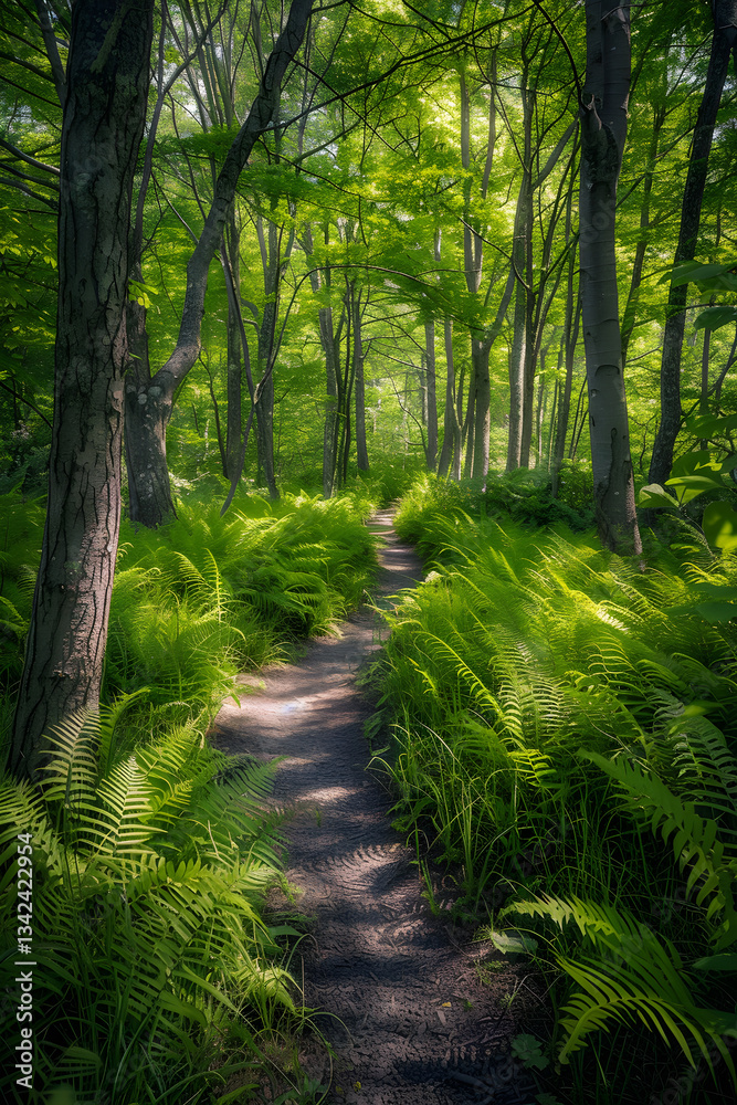 Fototapeta premium Embracing Tranquility: A Serene Journey through a Nature Trail in Vermont.