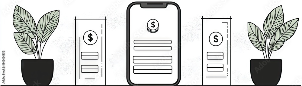 Online banking. Smartphone with dollar sign. Plants in the background. Finance app usage Online banking. Smartphone with dollar sign. Plants in the background. Finance app usage