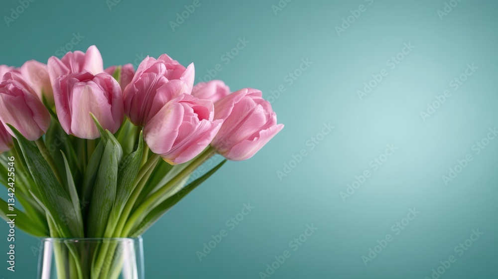 Fototapeta premium Beautiful pink tulips in vase against soft teal background