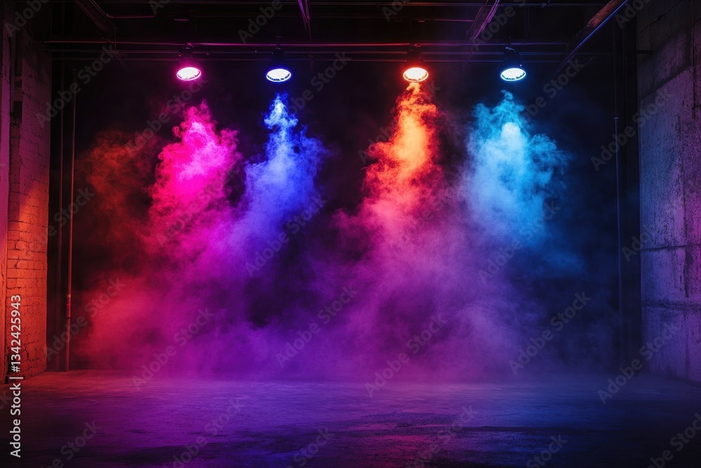 Obraz premium A dark room filled with colorful smoke and spotlights shining