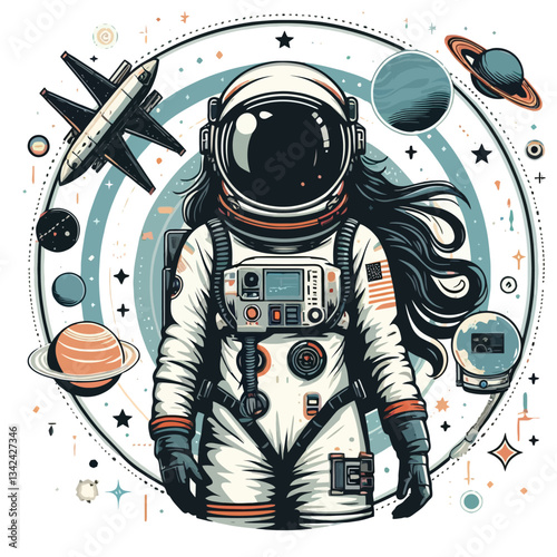 Ilustración vectorial de un astronauta en formato EPS10 sobre fondo blanco, clipart colorido con fondo aislado transparente para un póster
