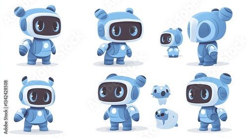 Cute robot characters poses, various views, white background, for children's app