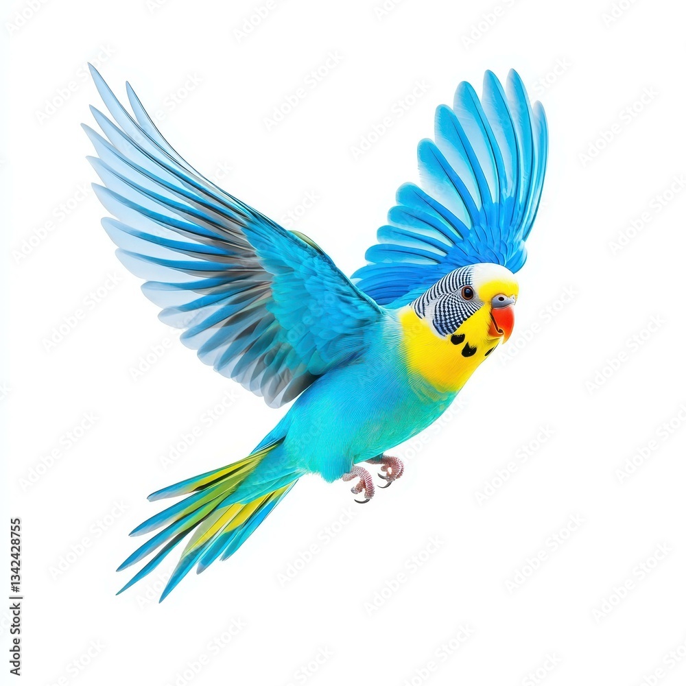 Obraz premium A vibrant budgie in flight against a pure white backdrop, showcasing its beauty and grace in motion.