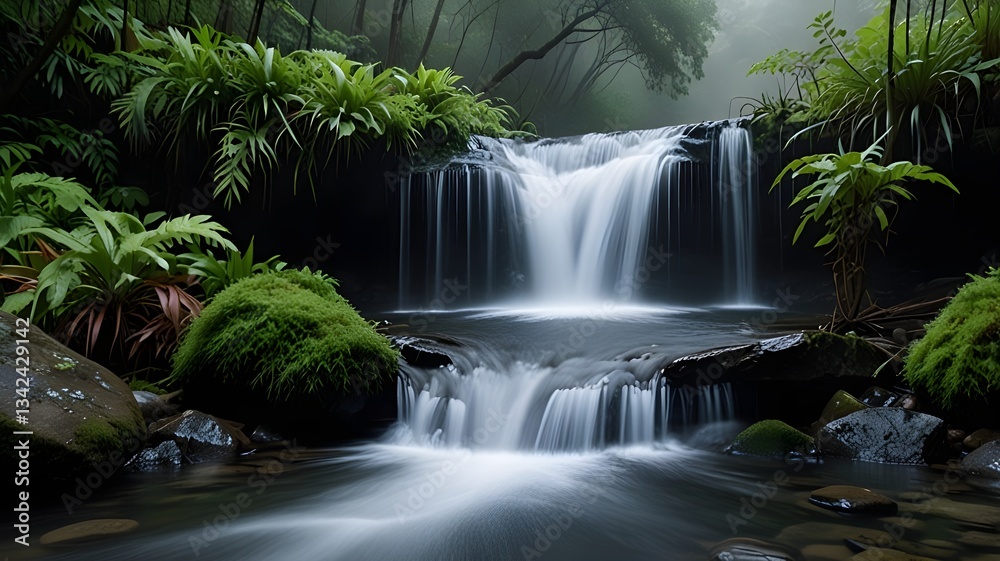 A gentle waterfall cascading in slow motion with soft mist A gentle waterfall cascading in slow motion with soft mist