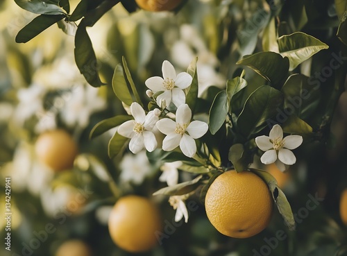 Close-up of orange fruits with delicate white blossoms framed by lush green leaves in natural lighting : Generative AI