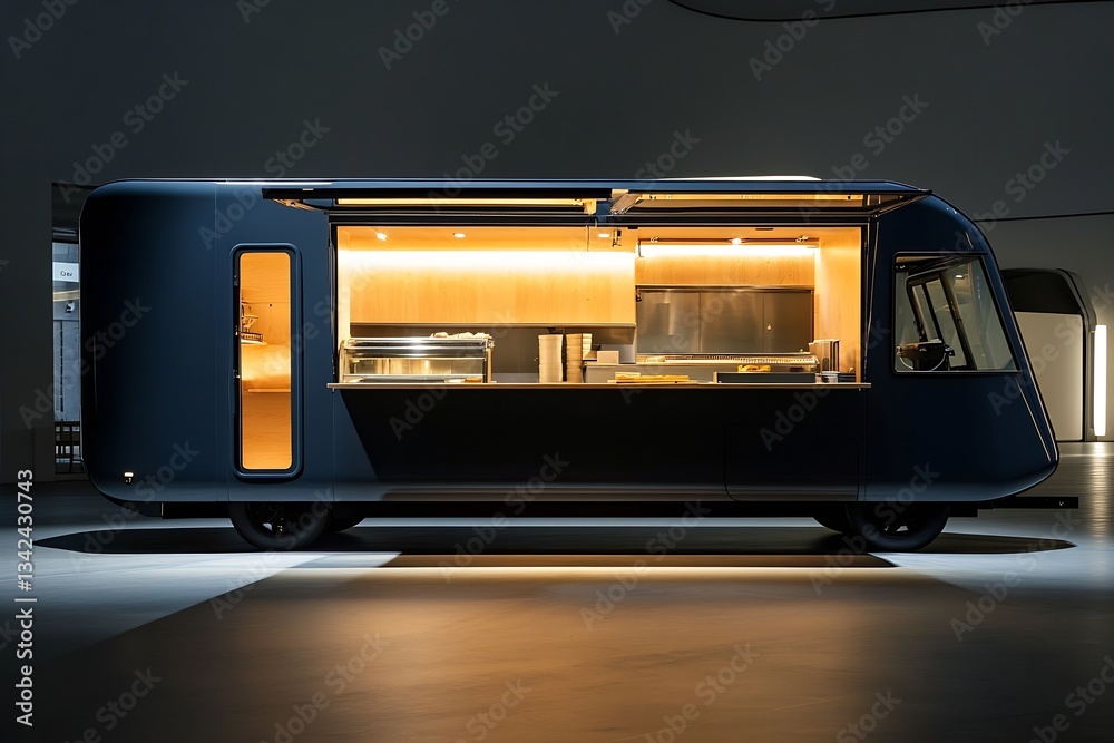 Obraz premium Stylish modern food truck featuring sleek exterior and warm lighting perfect for culinary events : Generative AI