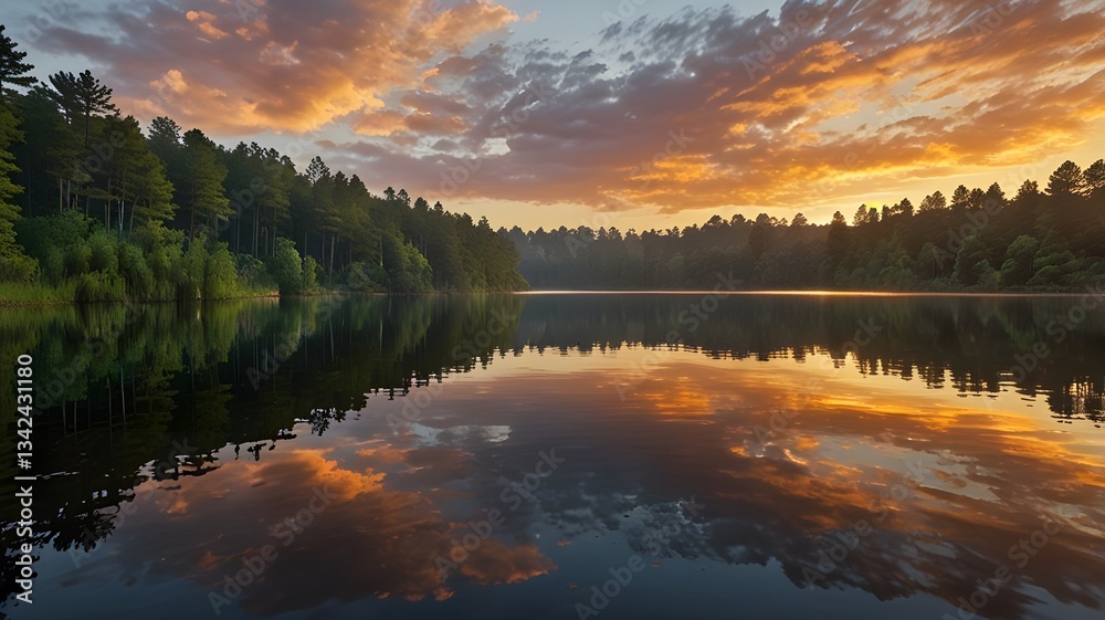 Fototapeta premium A sunrise over a peaceful lake with soft reflections on the water