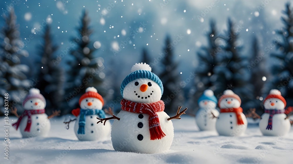A winter wonderland background with tiny snowmen wearing scarves A winter wonderland background with tiny snowmen wearing scarves