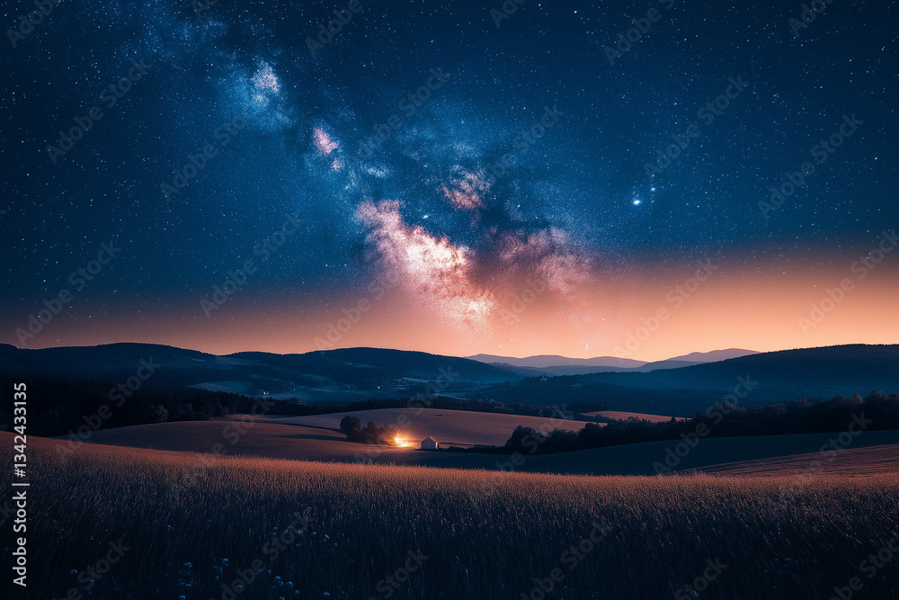 Vibrant milky way arches over rolling hills at night, stars light up the countryside. A lonely light flickers in the distance. Vibrant milky way arches over rolling hills at night, stars light up the countryside. A lonely light flickers in the distance.