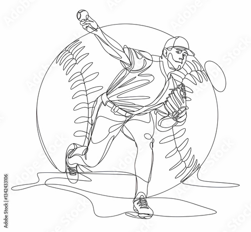 A pencil sketch of a continuous line outline of a pitcher who throws the ball in a baseball game. The background contains a white baseball, showing the dynamic pitching motion of the pitcher.