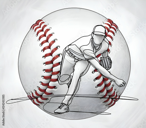 A pencil sketch of a continuous line outline of a pitcher who throws the ball in a baseball game. The background contains a white baseball, showing the dynamic pitching motion of the pitcher.