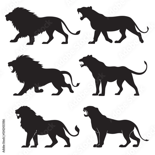 set of silhouettes of lionss