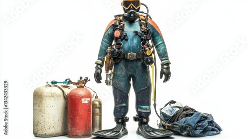 A diver fully equipped with gear and tanks stands ready