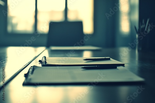 Serene office environment featuring neatly arranged stationery and papers on an elegant desk : Generative AI photo