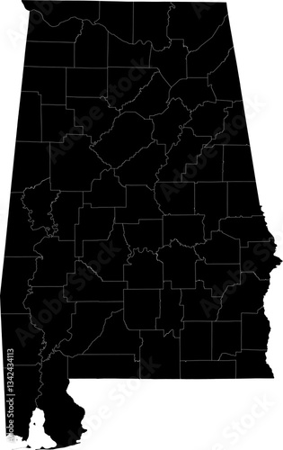 A black and white outline map of Alabama displaying all county divisions with clear boundary lines.