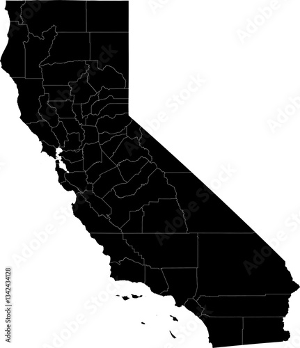 A black and white outline map of California displaying all county divisions and boundary lines.