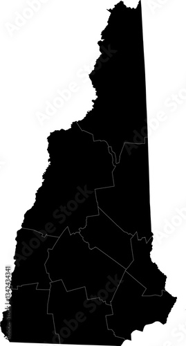 A black and white outline map of New Hampshire featuring county lines and state borders.