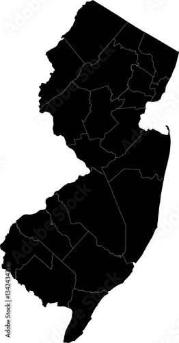 A black and white outline map of New Jersey with clearly marked county boundaries.