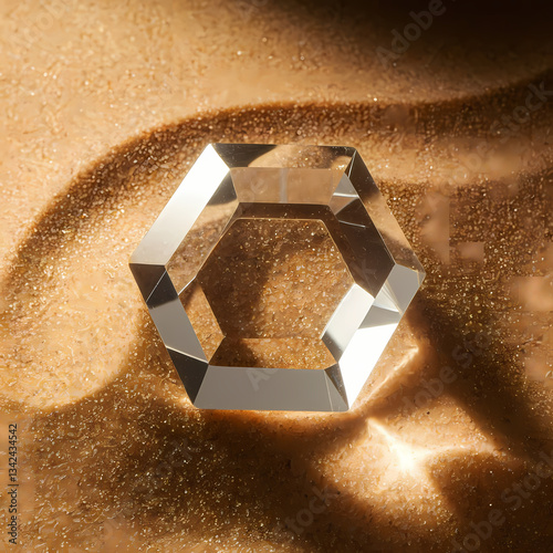 Clear precious gem perhaps diamond or white topaz or sapphire displayed on a sandy background photo