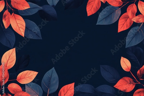 A dark blue background is framed by colorful leaves and branches