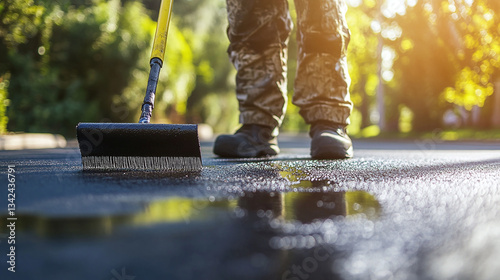 Person sealing driveway with squeegee applicator tool in sunny day. Driveway asphalt sealcoating protects pavement, prevents fractures. Maintenance worker spreads liquid tar coal