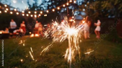 A captivating sparkler lights up a cheerful outdoor party enhanced by beautiful string lights during dusk
