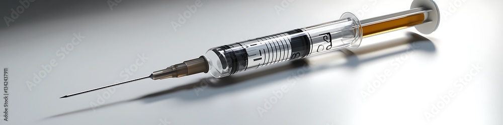Close-up of an unused syringe and needle on a smooth white surface Close-up of an unused syringe and needle on a smooth white surface