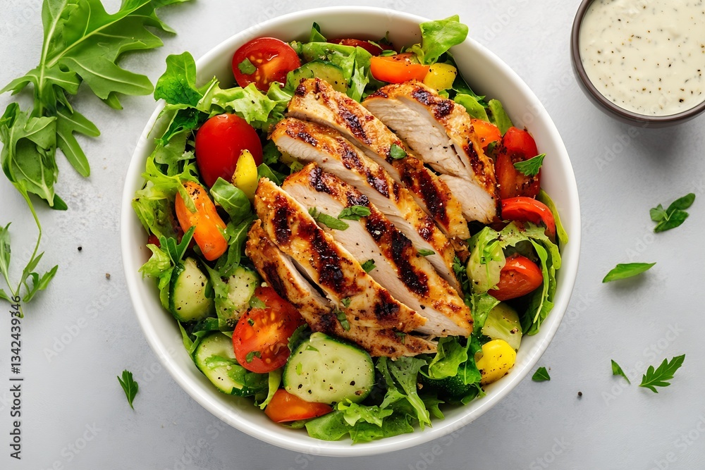 Fresh and wholesome grilled chicken salad with an assortment of vegetables and a light dressing : Generative AI Fresh and wholesome grilled chicken salad with an assortment of vegetables and a light dressing : Generative AI