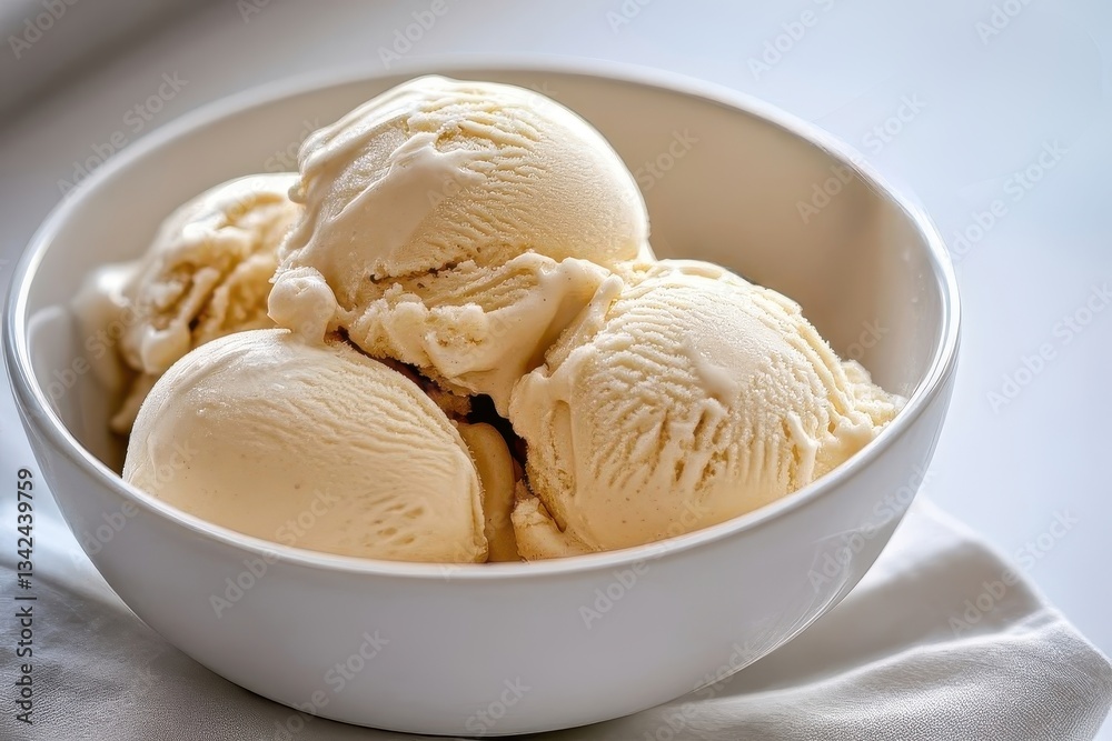 Creamy Vanilla Ice Cream Scoops in a White Bowl on a Light Background Creamy Vanilla Ice Cream Scoops in a White Bowl on a Light Background