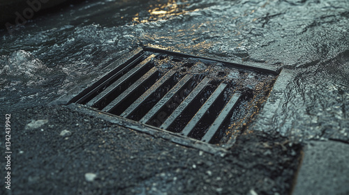 Flood water overflowing onto the road and entering a storm drain grate, vehicle navigating the flooded street amid rainfall. Flooding road, water draining into storm systems, efficient drainage met
