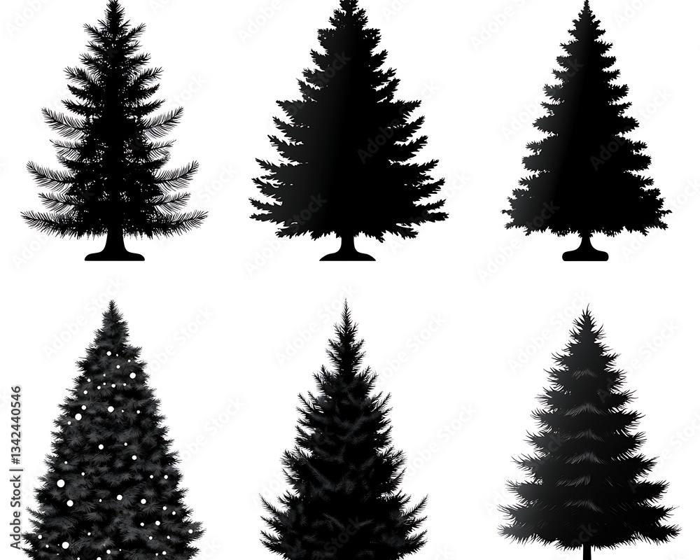 Fototapeta premium Six Christmas tree silhouettes on a white background