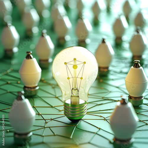 A brightly lit lightbulb stands out amidst a field of unlit bulbs connected by a network on a green surface.