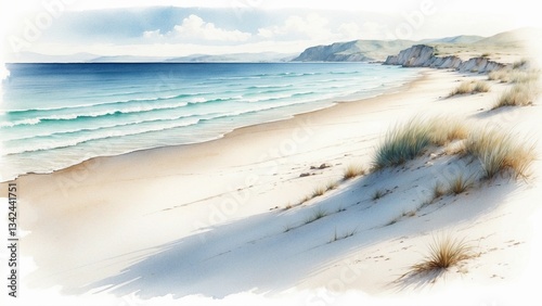 Tranquil beach scene with soft waves and sandy dunes under a bright sky