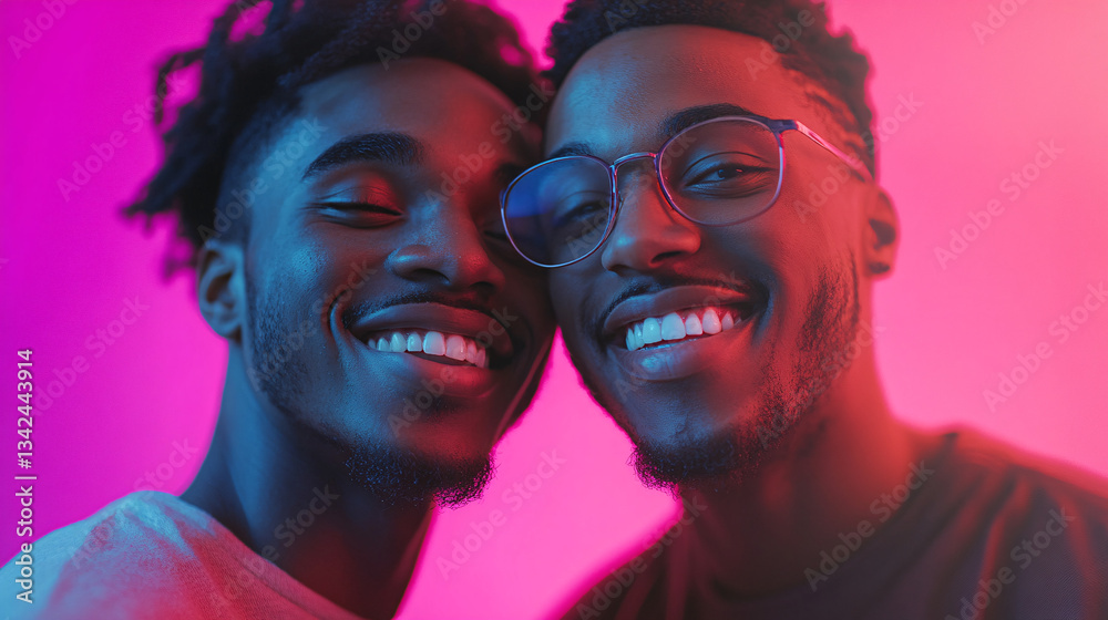 Brightly colored image of a happy extremely good, looking gay male Black, African-American, couple smiling, realistic skin soft natural lighting hair styled elegantly subtle enhancing expressive eyes Brightly colored image of a happy extremely good, looking gay male Black, African-American, couple smiling, realistic skin soft natural lighting hair styled elegantly subtle enhancing expressive eyes