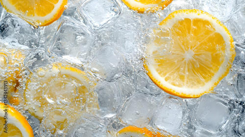 Slices of lemon in ice water with bubbles.
