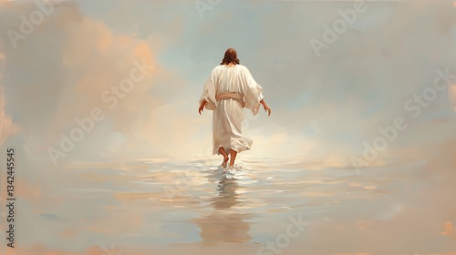 Jesus Walking on Water for Peaceful Sunrise.