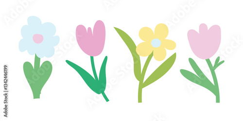 Minimal spring flowers with tulips and daisies in soft colors. Perfect for botanical prints, garden invitations, and Easter design elements.