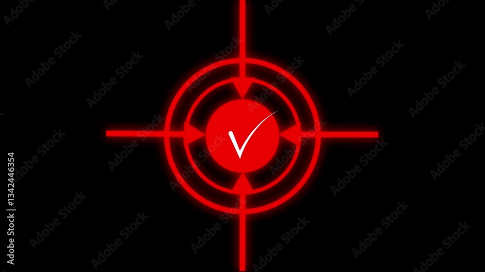 Animation on target icon. target destination icon. a target icon targeting a tik mark icon. on black background..