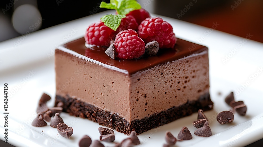 Chocolate mousse dessert with raspberries and chocolate shavings served elegantly on a plate : Generative AI Chocolate mousse dessert with raspberries and chocolate shavings served elegantly on a plate : Generative AI