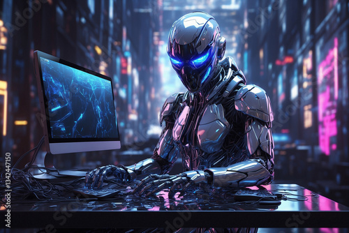 Neon-Lit Cyber Hacker: A Futuristic Android at the Keyboard.