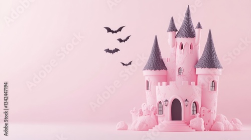 A pink castle with gray towers and flying bat silhouettes