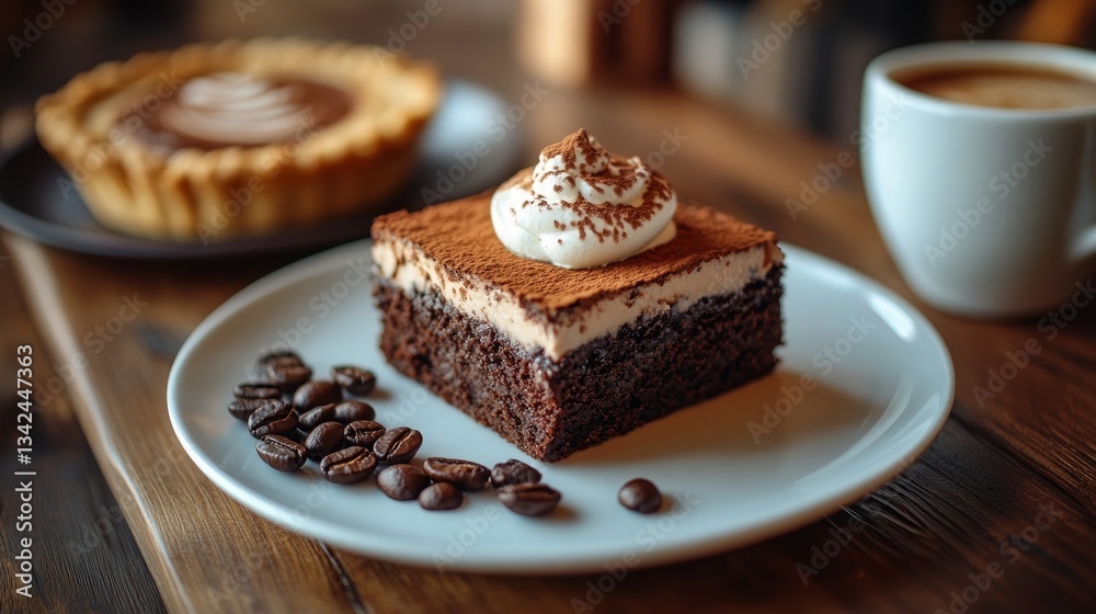 A delicious chocolate dessert, such as a slice of brownie or cake, pairs perfectly with a cup of coffee. Brown cocoa cake dessert on plate with hot drink. A delicious chocolate dessert, such as a slice of brownie or cake, pairs perfectly with a cup of coffee. Brown cocoa cake dessert on plate with hot drink.