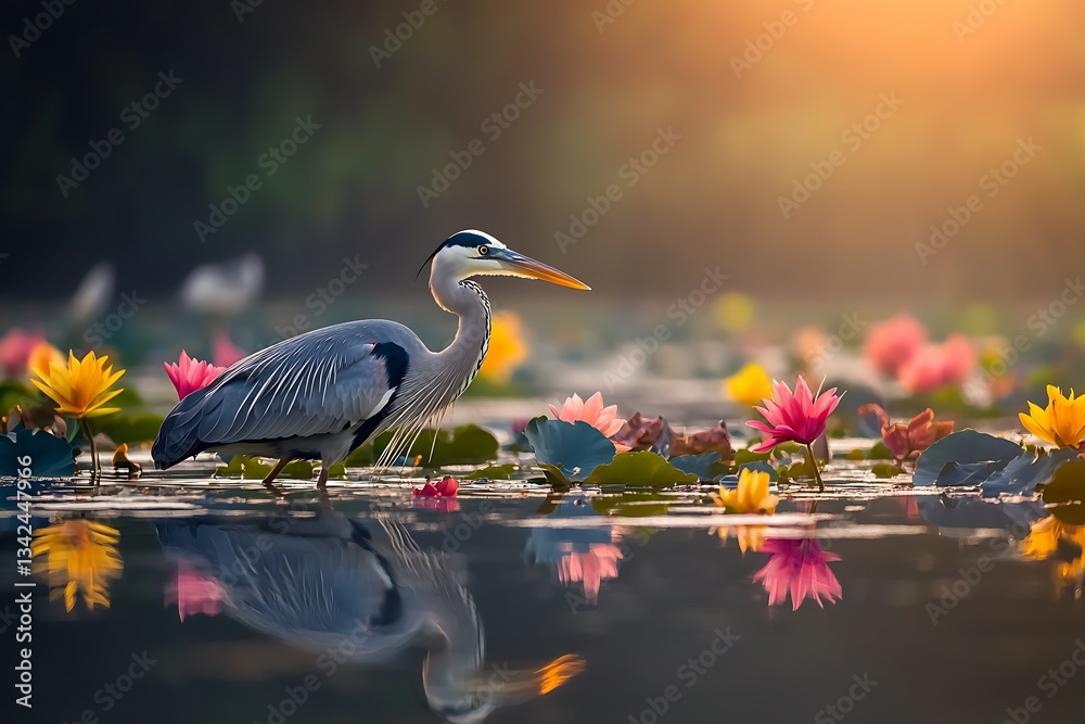 Naklejka premium Elegant Great Blue Heron Standing in a Calm Water Scene Surrounded by Pink and Yellow Water Lilies : Generative AI